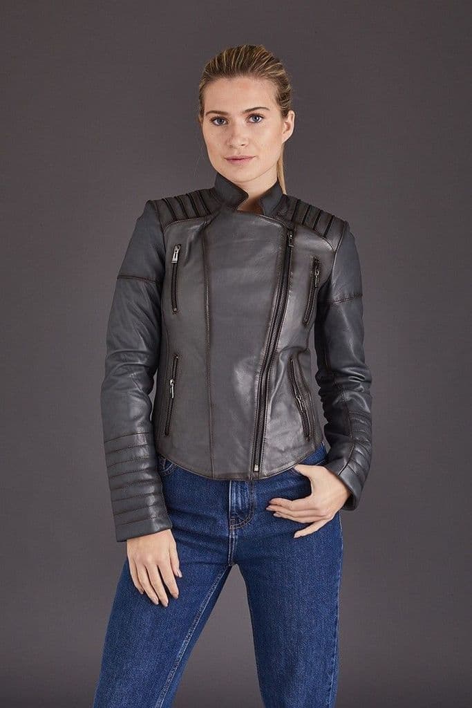 Chic Gray Leather Biker Jacket for Women by TJS
