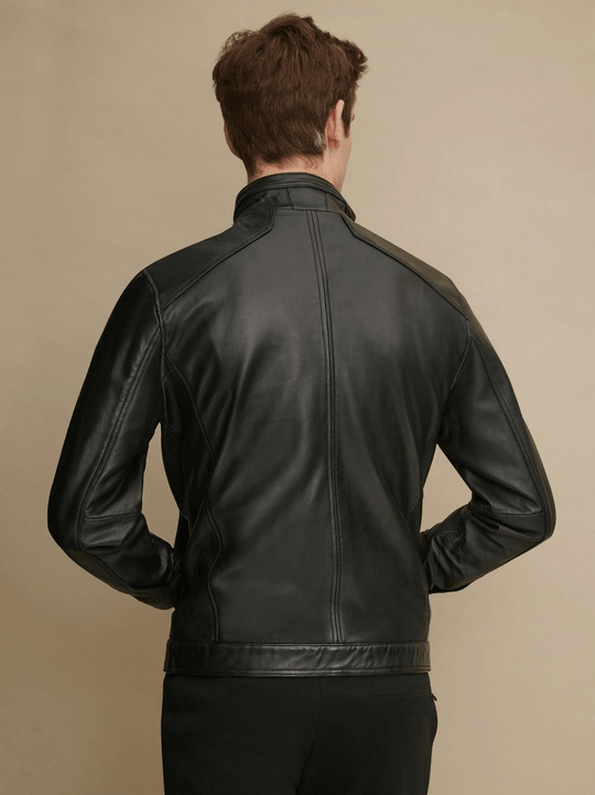 Men's stand collar black glossy leather jacket