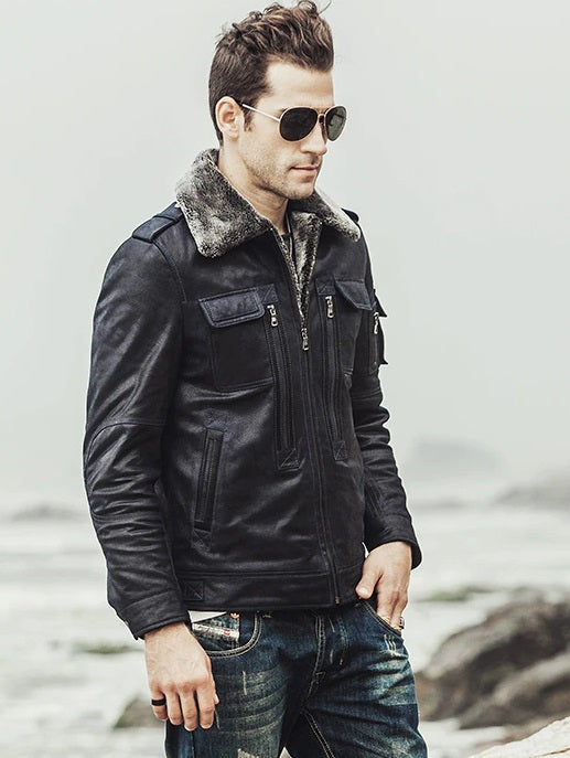 Mens Winter Black Snuff Shearling Style Leather Jacket