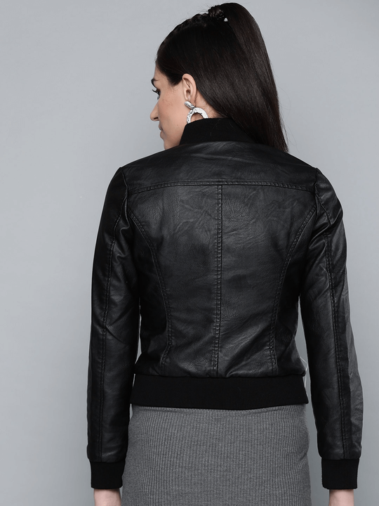 Fashion black round neck bomber biker jacket for women in USA