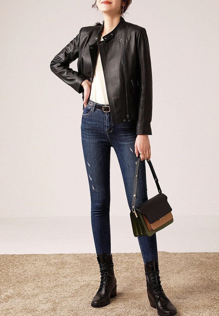Causal black leather jacket for women