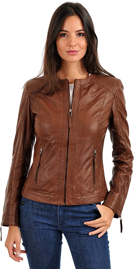 Brown leather jacket for women