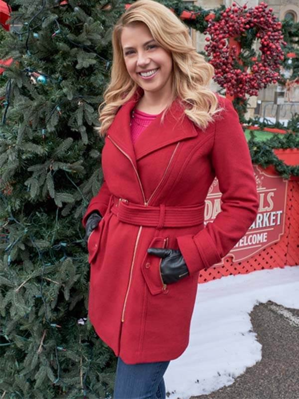 Elegant red wool coat Jodie Sweetin Christmas Candace Livingstone in UK style