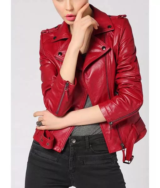 Bold and daring red leather jacket for women in American style