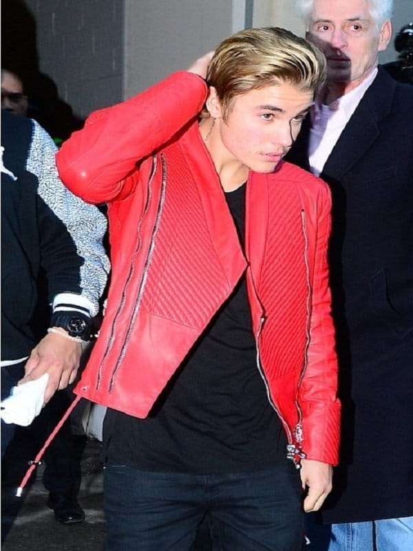 Singer Justin Bieber Red Leather Jacket