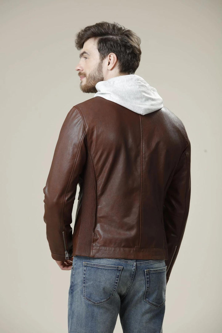 Dark Brown hoodie leather jacket for men in USA