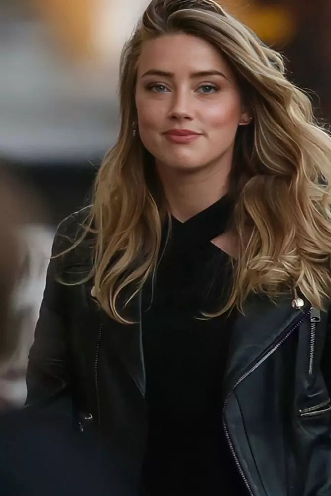 Get the celebrity look with Amber Heard's black leather jacket in USA market