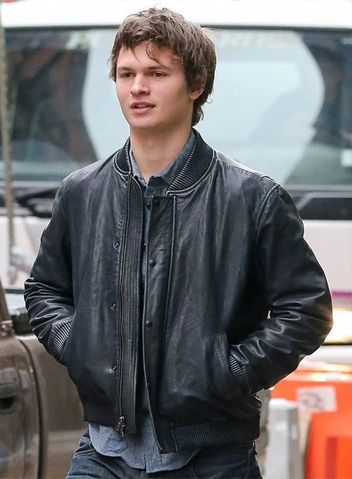 Ansel Elgort rocking a stylish leather jacket with attitude in American style