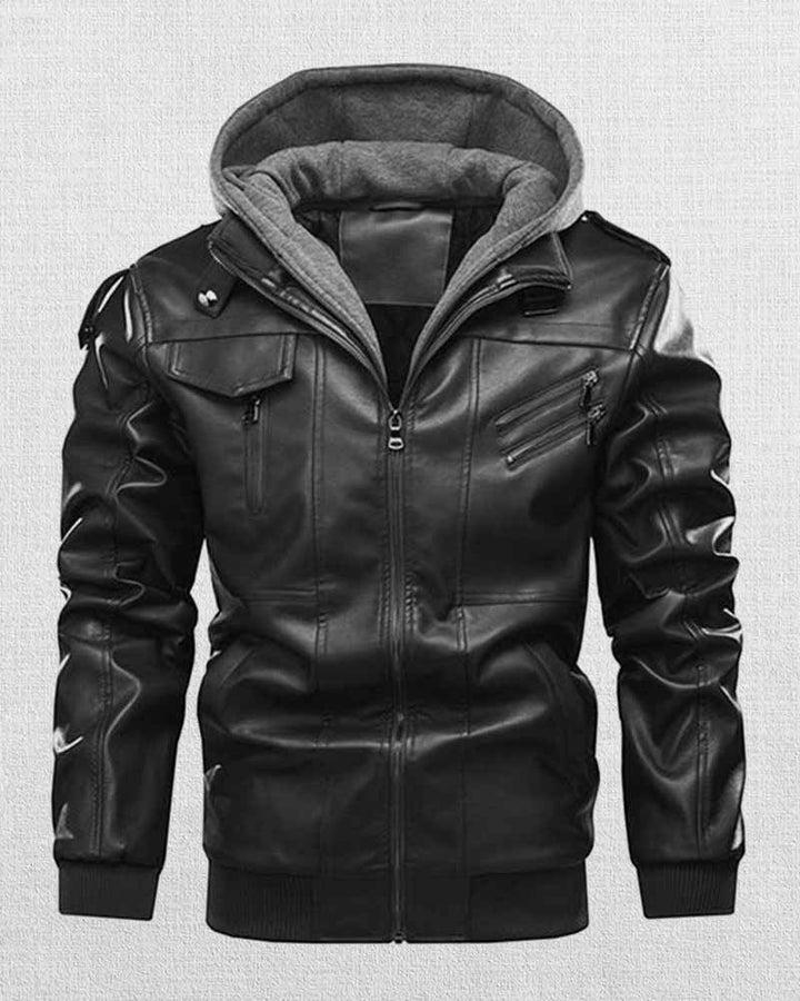 Men's casual leather jacket with hood and multiple pockets for storage in USA