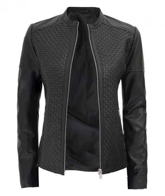 Women's Black Leather Cafe Racer Textured Real Leather Jacket