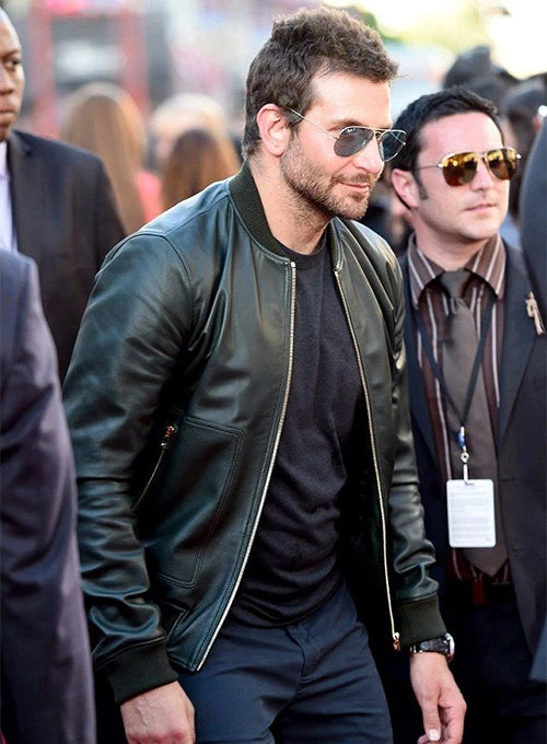 Fashionable leather jacket worn by Bradley Cooper in American style