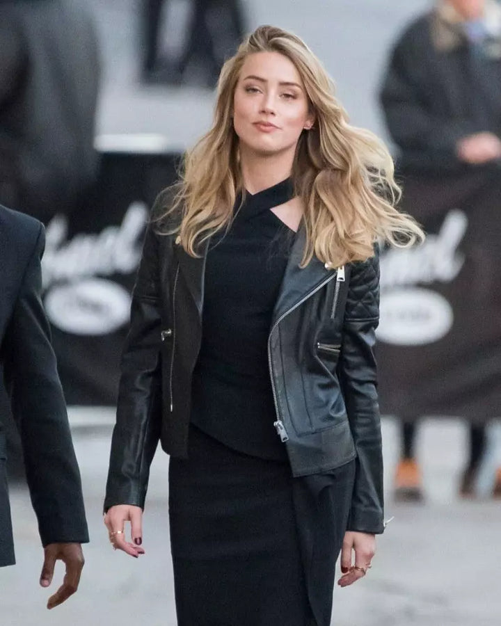 Amber Heard's edgy black biker leather jacket in USA market