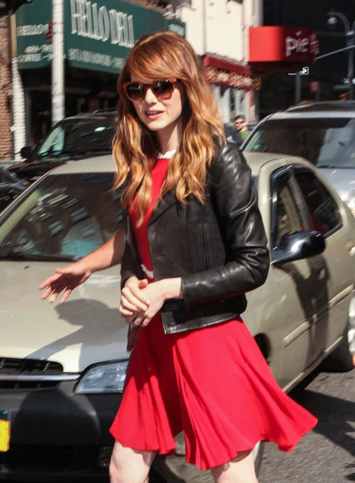 Emma Stone's chic and stylish leather jacket in USA market