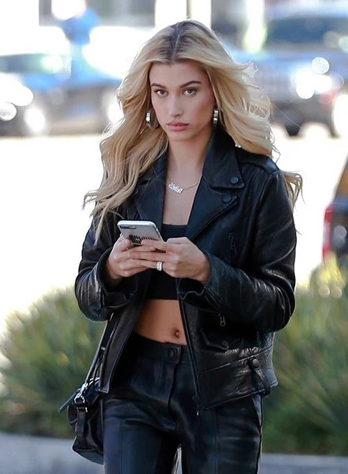 Hailey Baldwin Bieber rocking a sleek biker-inspired leather jacket in USA market