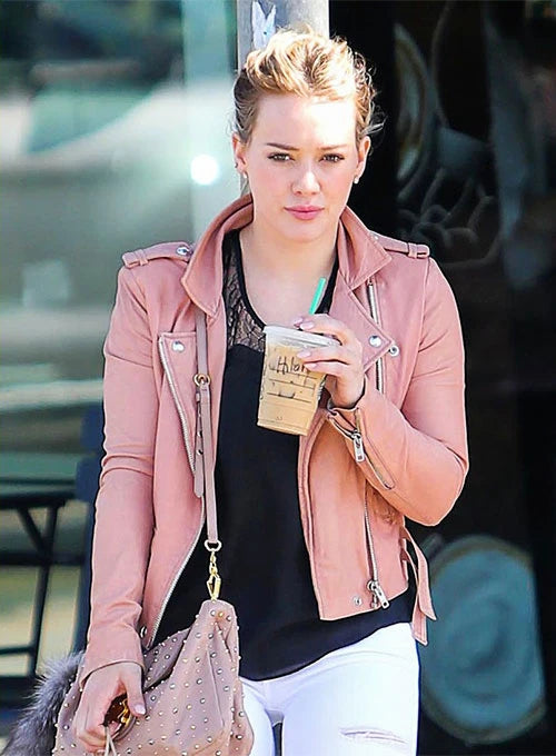 PINK LEATHER JACKET HILARY DUFF