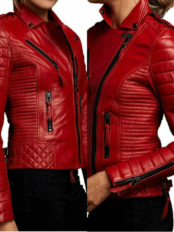 Red leather jacket for women