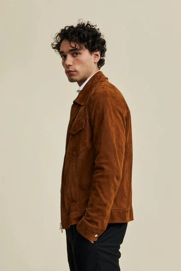 Durable Men's Brown Soft Leather Jacket with Front Pockets in France Style