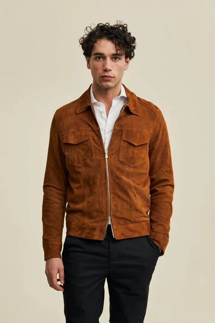 Classic Men's Genuine Suede Leather Jacket in Brown for All Occasions in USA