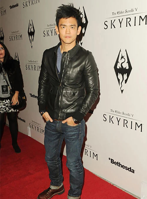 Stylish black leather jacket worn by John Cho in USA style