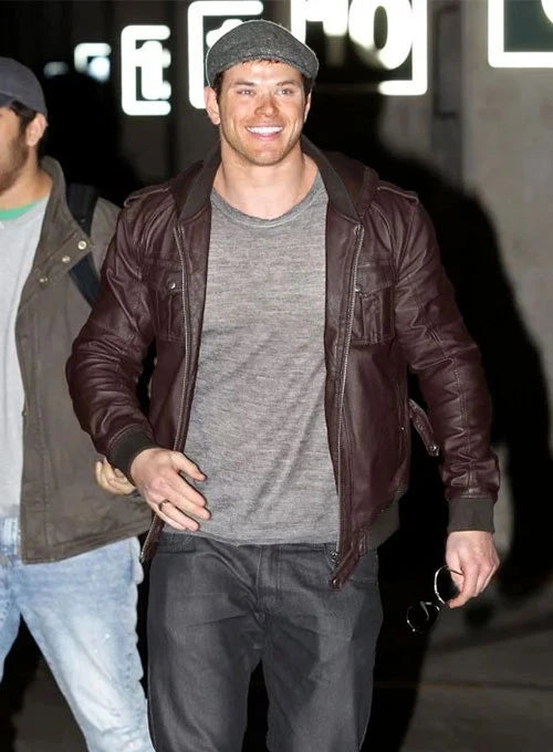 Kellan Lutz wearing brown leather jacket in USA