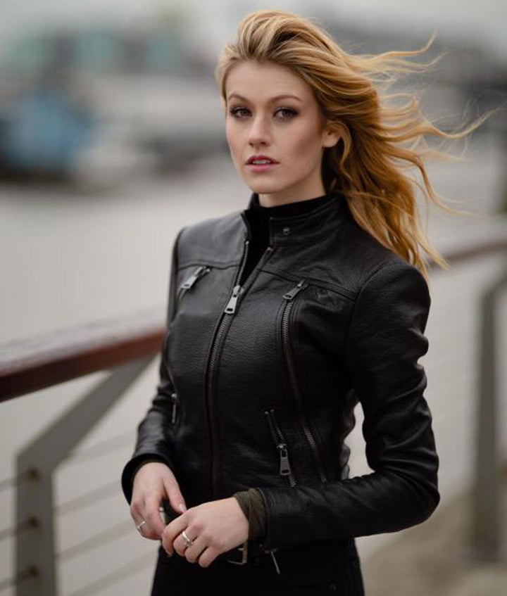 Black Katherine Mcnamara Leather jacket for women in USA