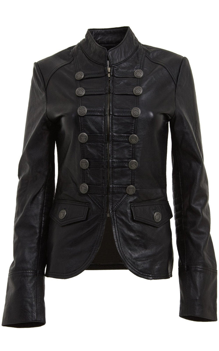 BLACK MILITARY STYLE LEATHER BLAZER JACKET For Women