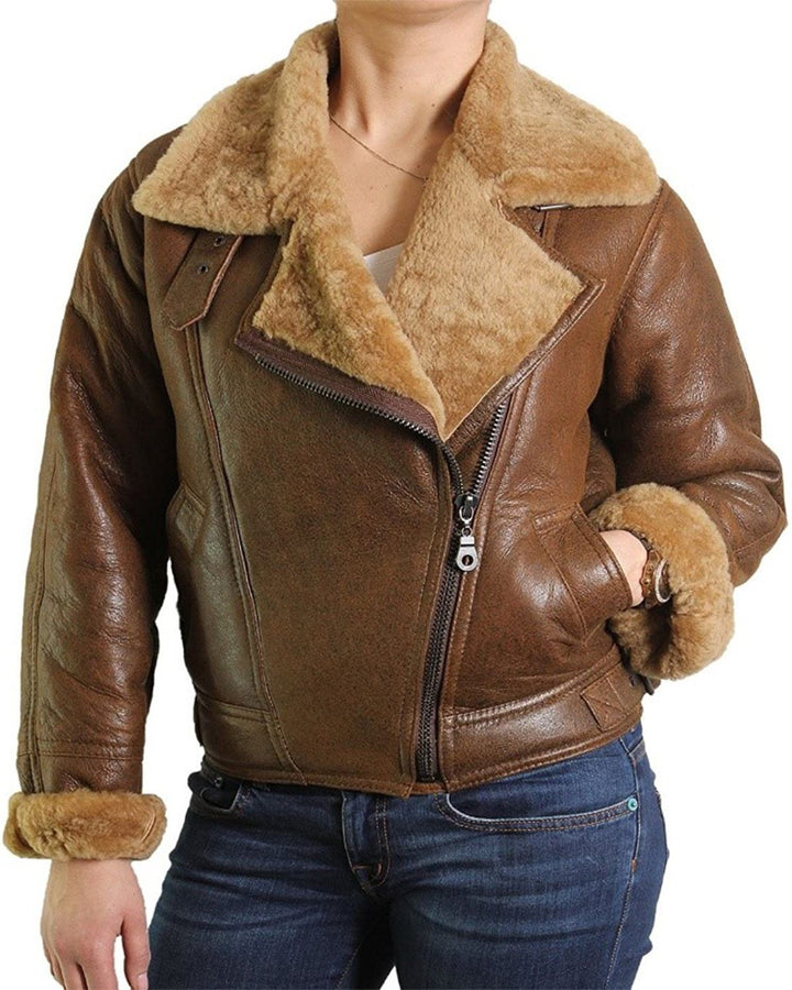 Female Fur Shearling Bomber Aviator Leather Jacket for women